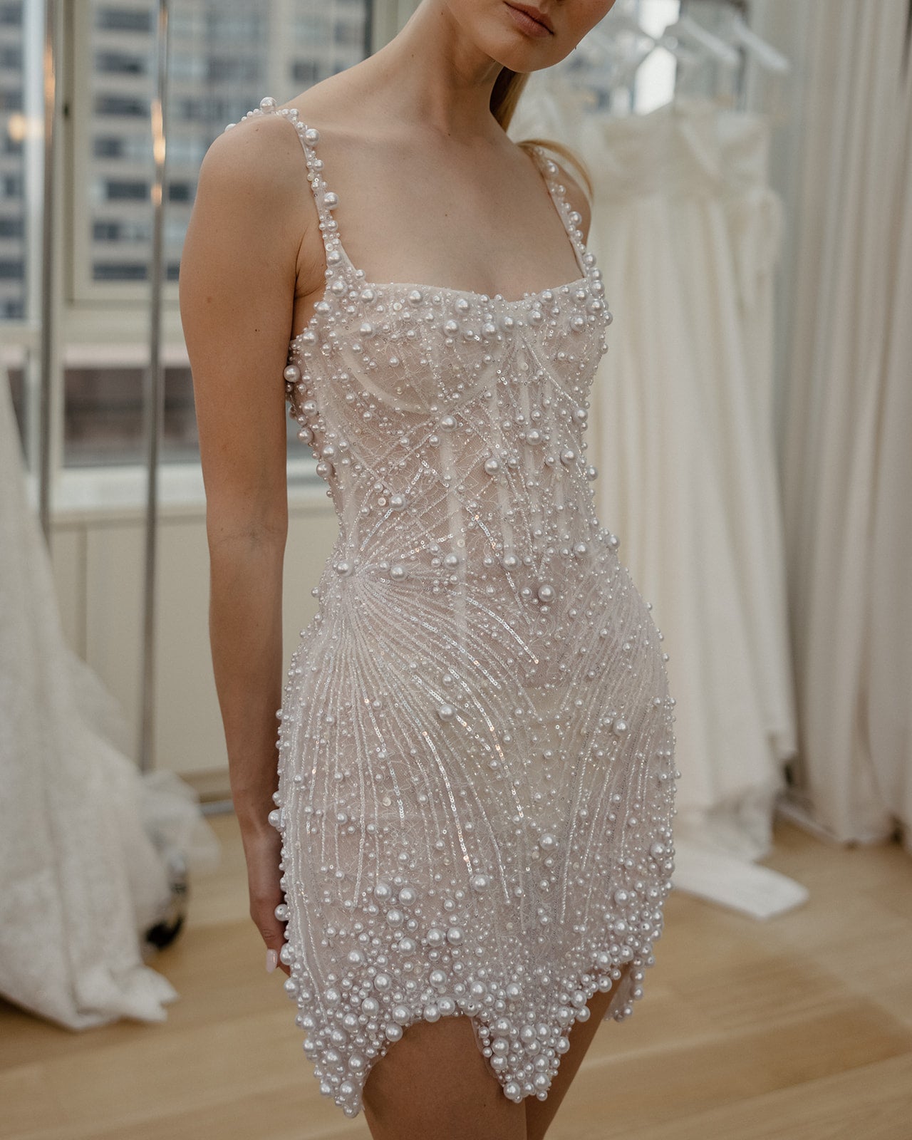 Square Neck Pearl Bridal Mini by Netta BenShabu Elite Couture - Image 1
