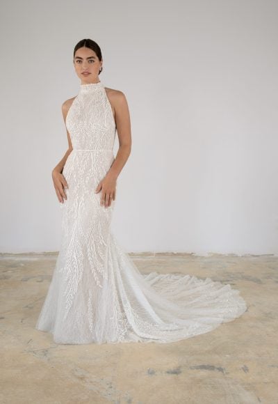 High-Neck Lace Sheath Gown by Martina Liana Luxe