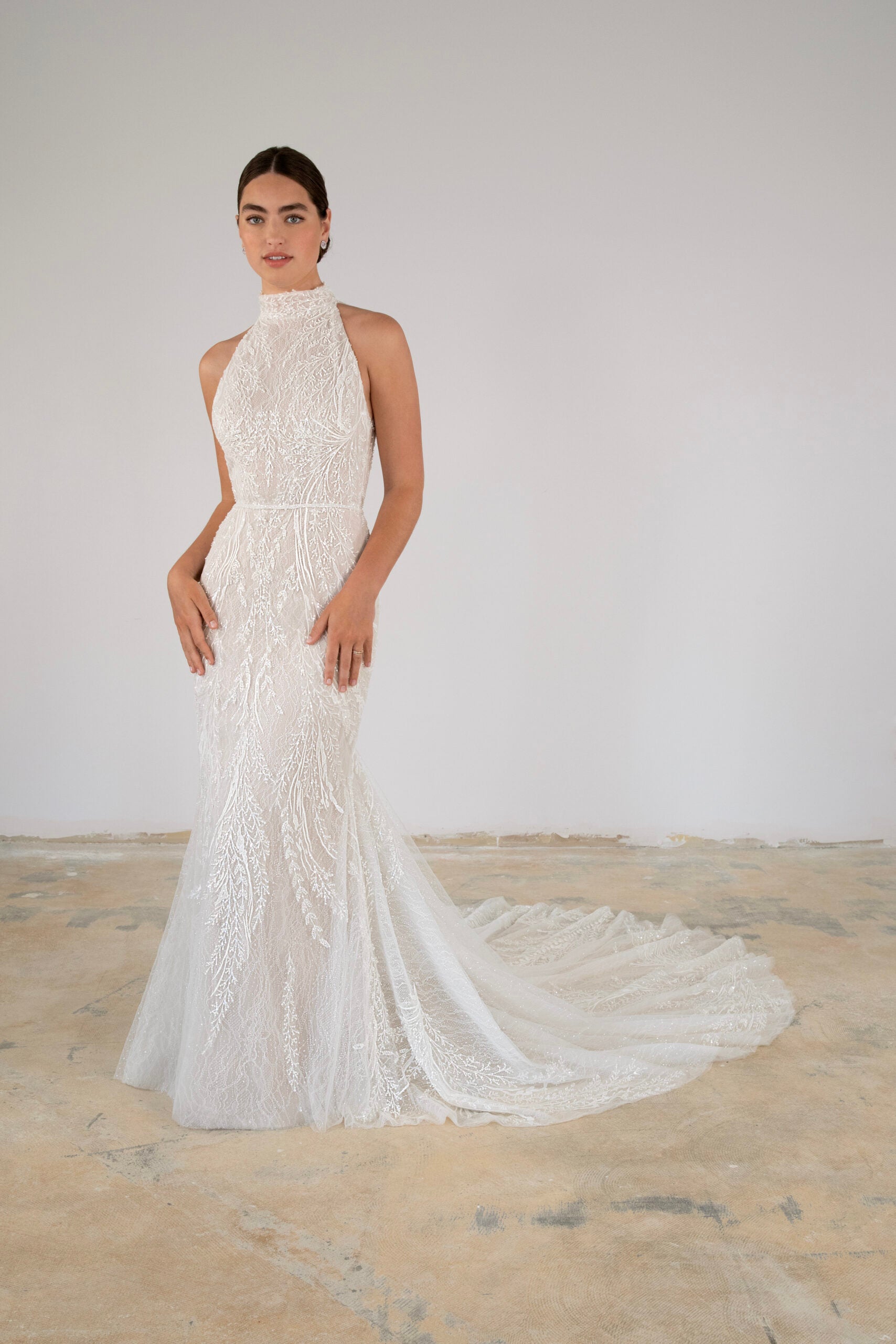 High-Neck Lace Sheath Gown