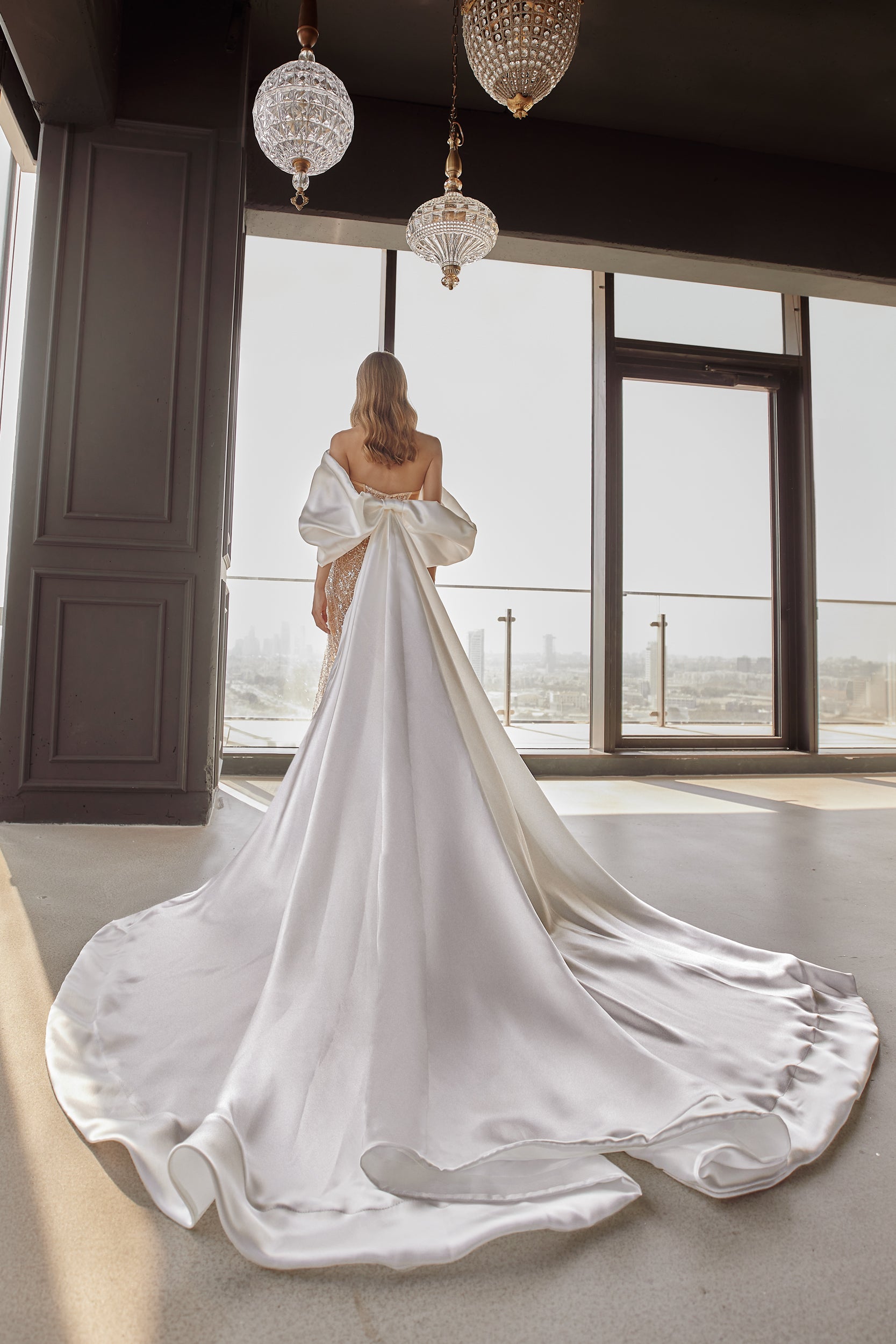 Dramatic Satin Bow Cape by Tal Kedem Bridal Couture - Image 2