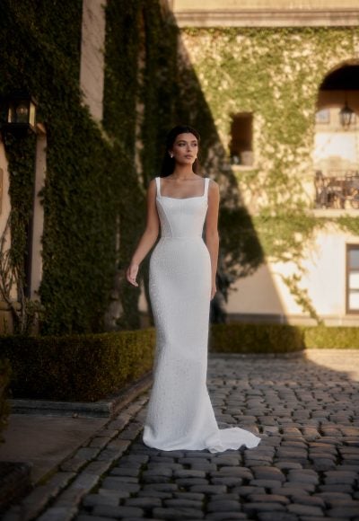 Square-Neck Jacquard Sheath Gown With Bow by Enaura Bridal