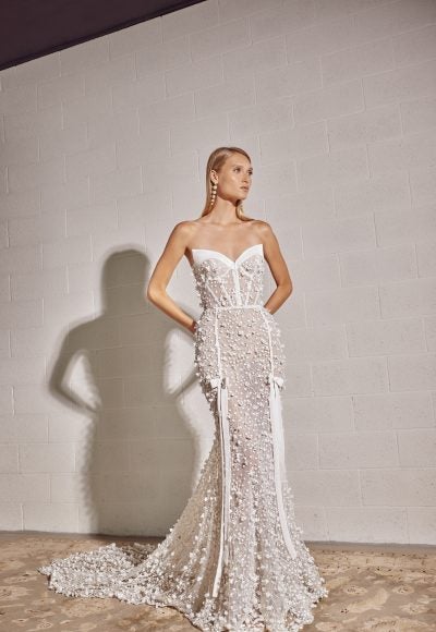 Bow-Adorned Floral Fit-and-Flare Gown With Detachable Overskirt by Tal Kedem Bridal Couture