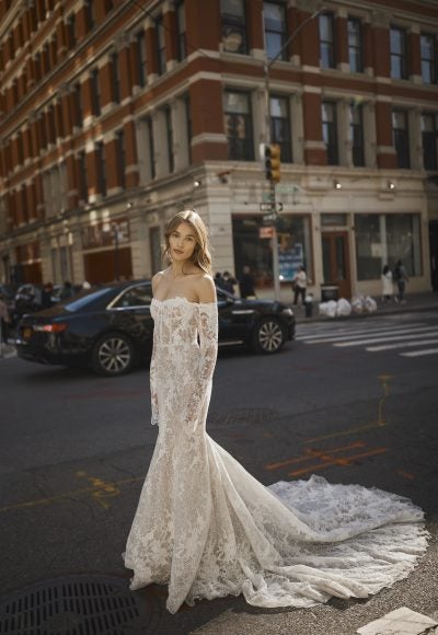 Lace Off-the-Shoulder Long Sleeve Fit-and-Flare Gown by Netta BenShabu Elite Couture