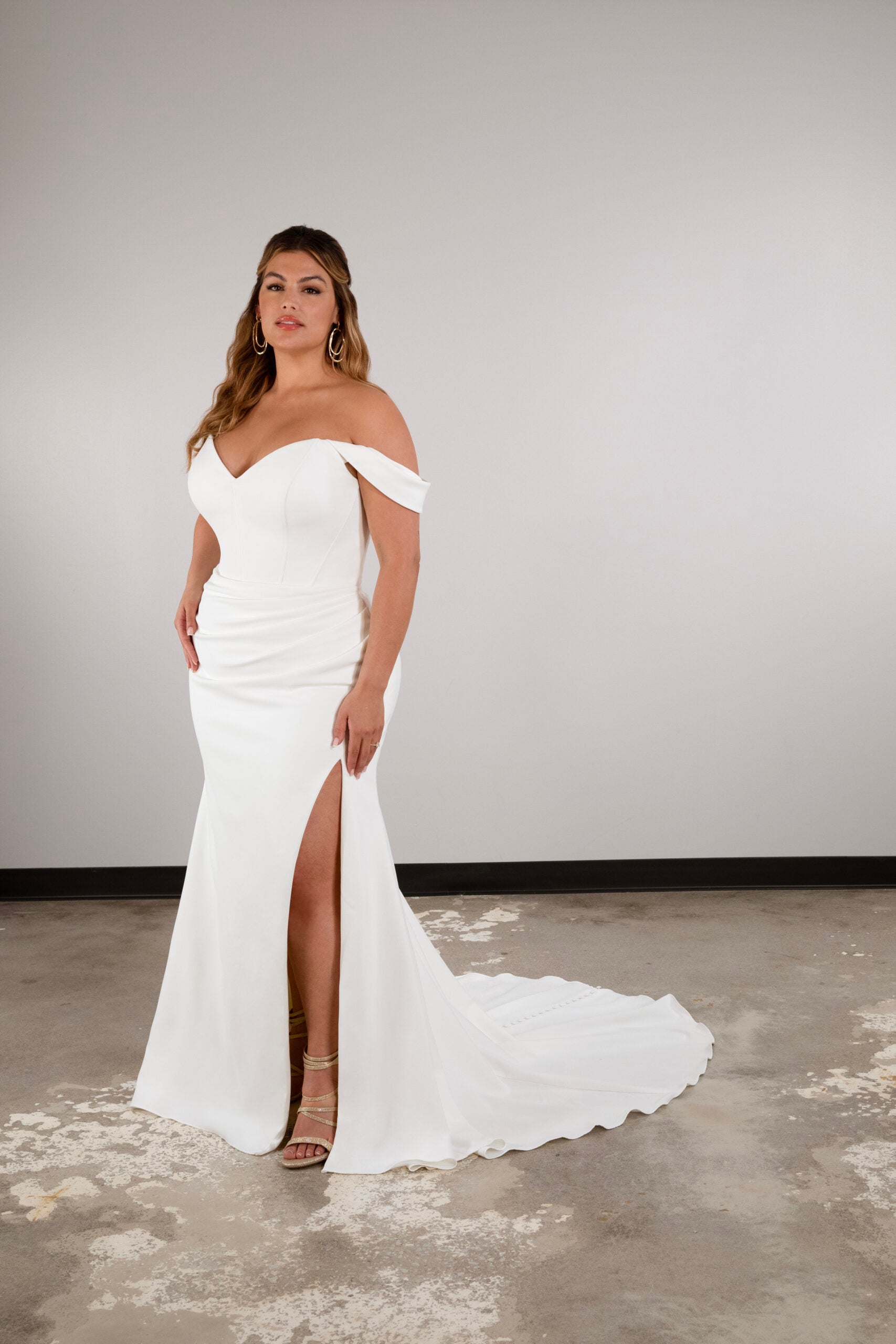 Simple Off-the-Shoulder Sheath Gown With Slit by Essense of Australia - Image 1
