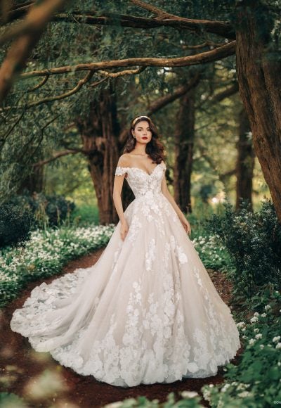 Off-the-Shoulder Dramatic Floral Ball Gown With Buttons by Disney Fairy Tale Weddings Collection