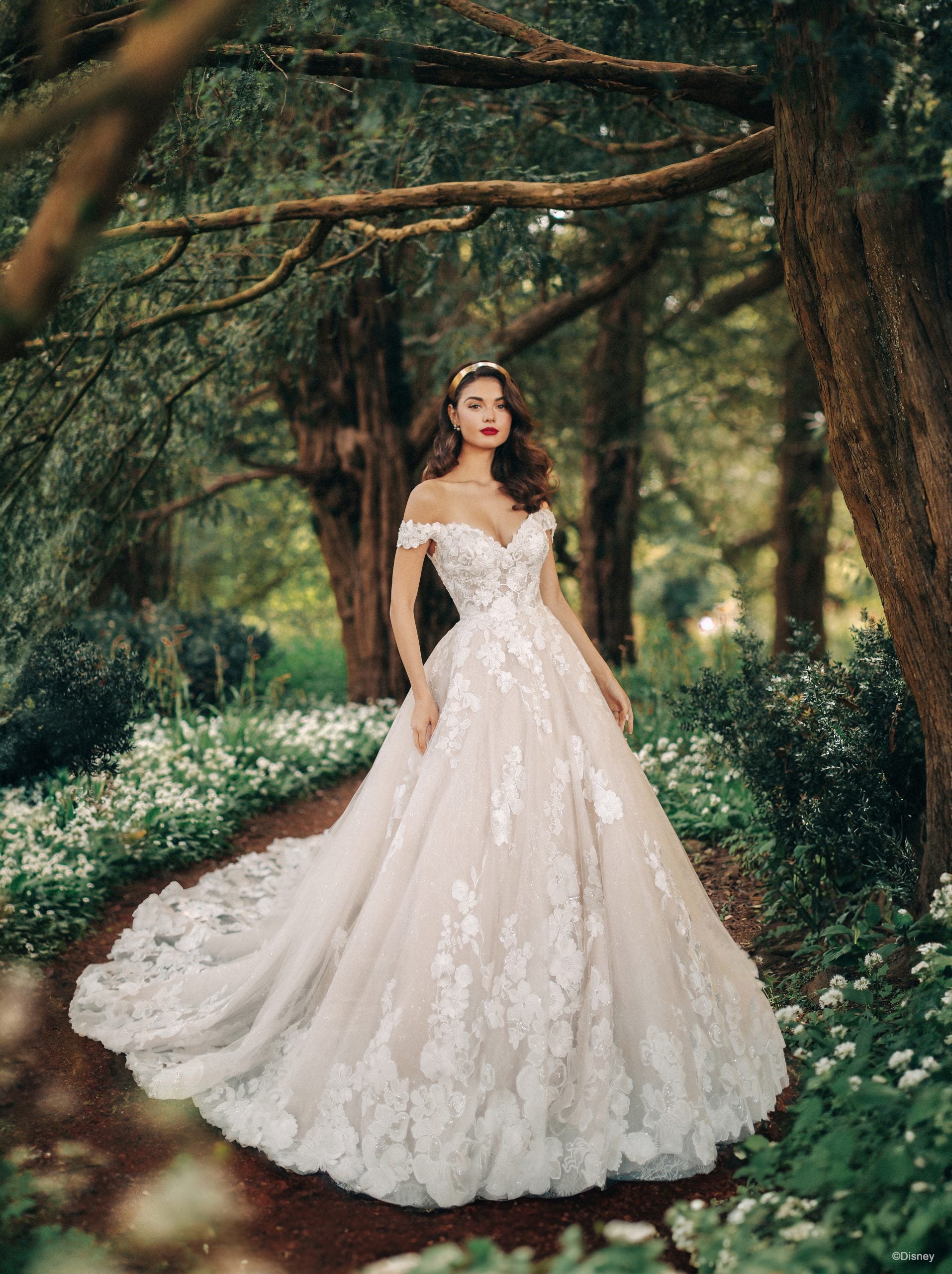 Off-the-Shoulder Dramatic Floral Ball Gown With Buttons by Disney Fairy Tale Weddings Collection - Image 1