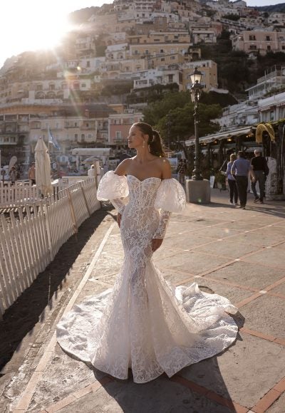 Lace Mermaid Gown With Detachable Puff Sleeves by Eden Aharon