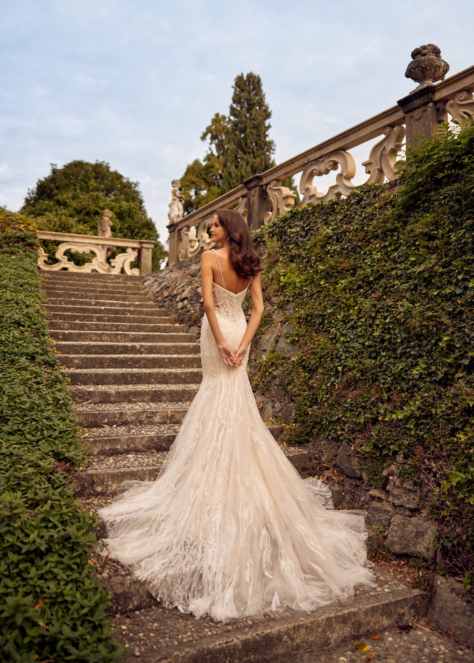 Deep-V Satin Wedding Dress with Tulle & Pearl Skirt | Val Stefani