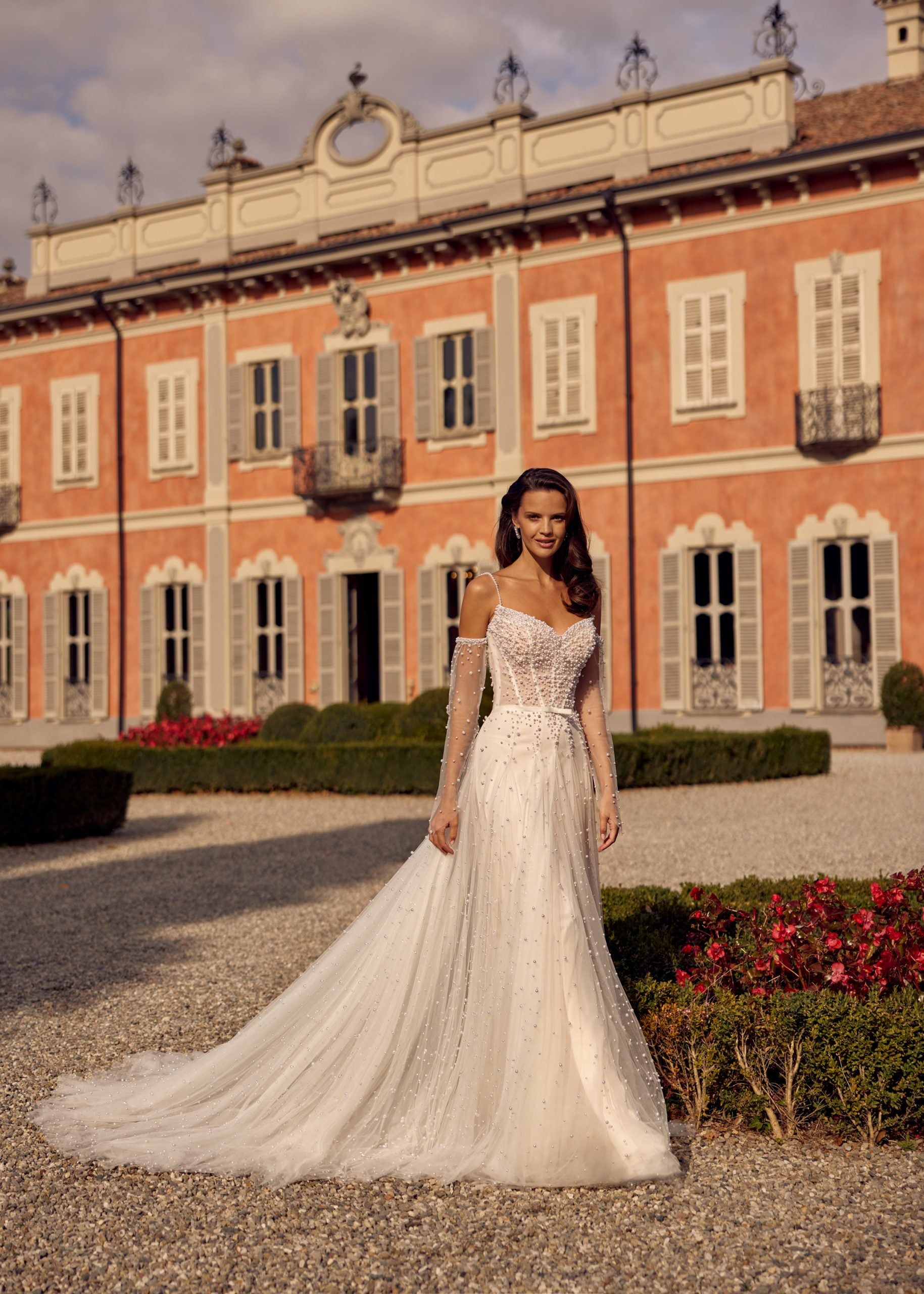 Pearl-Embellished A-Line Gown With Detachable Sleeves by Randy Fenoli - Image 1