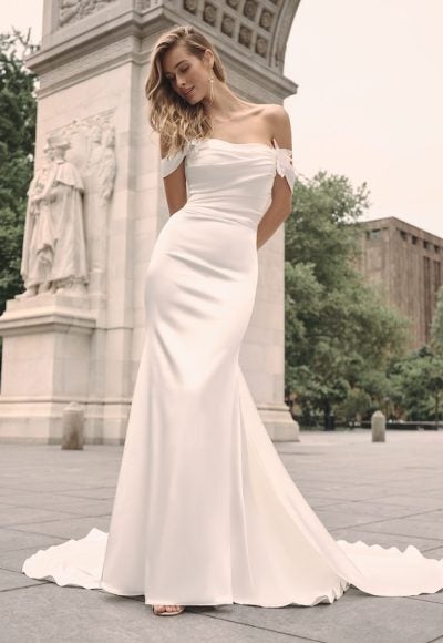 Off-the-Shoulder Satin Fit-and-Flare Gown With Detachable Train by Maggie Sottero