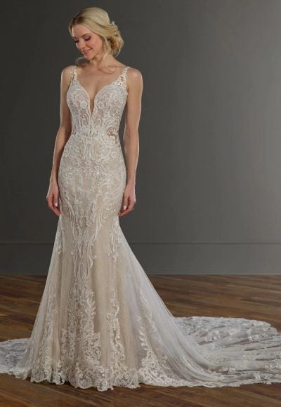 V-Neck Lace Fit-and-Flare Gown by Martina Liana