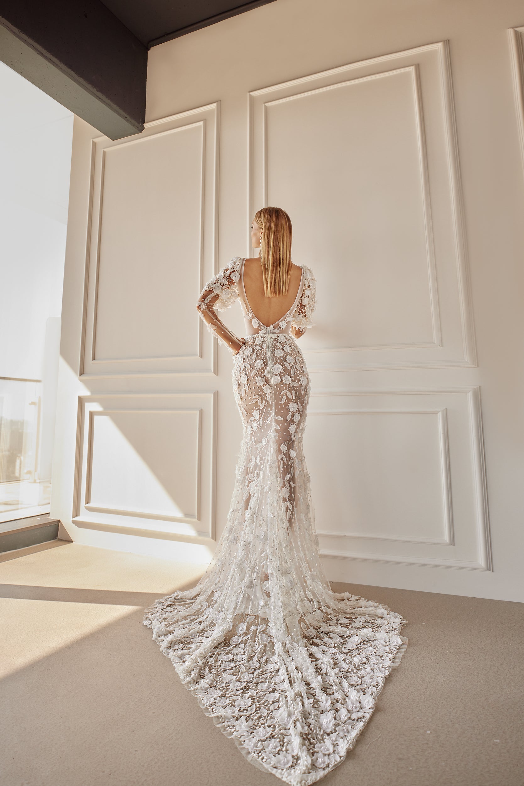 Illusion Long Sleeve Fit-and-Flare Gown With Florals And Pearls by Tal Kedem Bridal Couture - Image 2