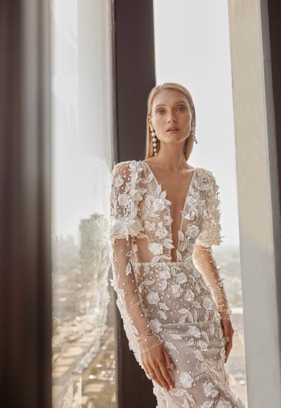 Illusion Long Sleeve Fit-and-Flare Gown With Florals And Pearls by Tal Kedem Bridal Couture
