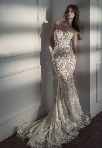 Strapless Lace Fit-and-Flare Gown by Netta BenShabu Elite Couture