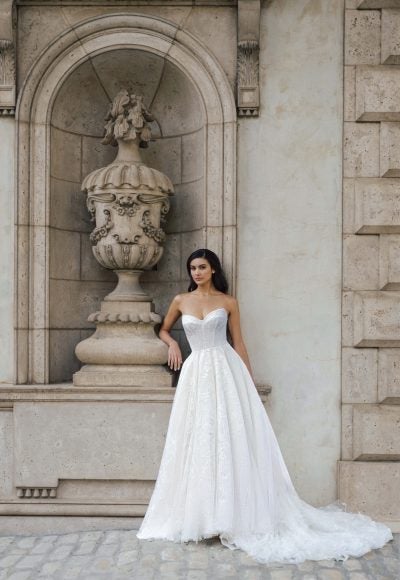 Strapless Matte Floral Embroidered A-Line Gown by Anne Barge