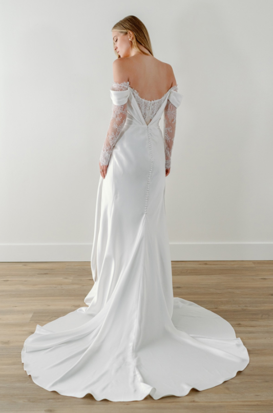 Chic And Romantic Off-the-Shoulder Long Sleeve Sheath Gown by Watters Designs - Image 2