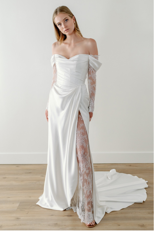 Chic And Romantic Off-the-Shoulder Long Sleeve Sheath Gown by Watters Designs - Image 1
