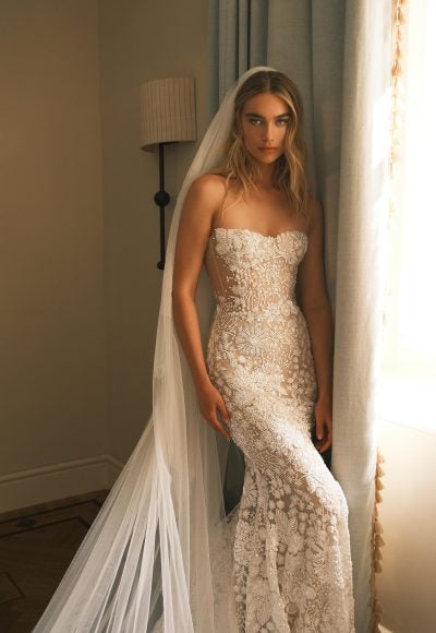 Strapless Lace Fit-and-Flare Gown With Detachable Sleeves by Lee Petra Grebenau