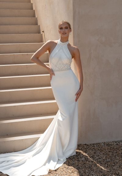 Beaded Halter Fit-and-Flare Gown by Anna Campbell