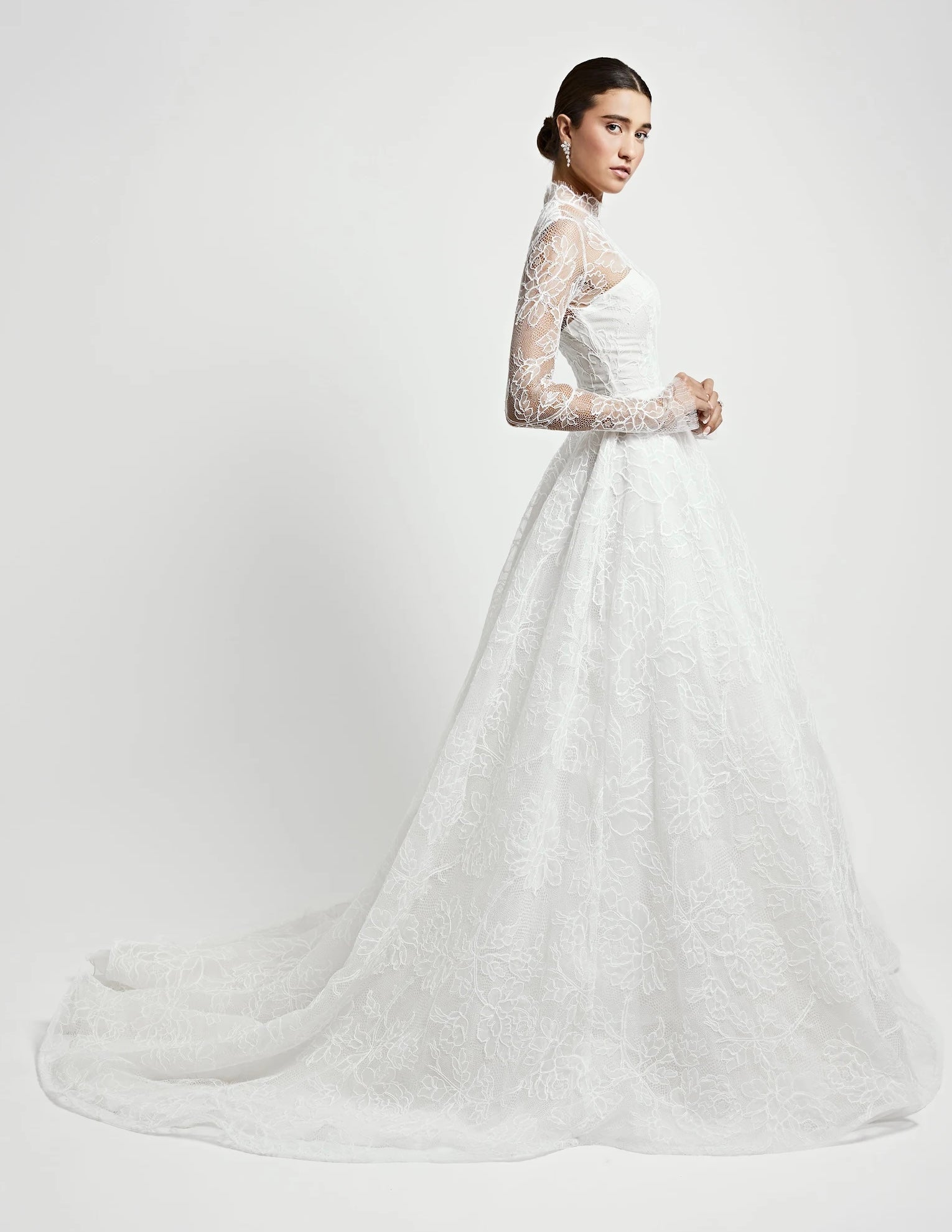 Elegant High-Neck Long Sleeve Floral Lace Ball Gown by Jaclyn Whyte - Image 2