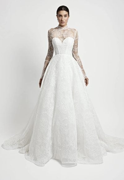 Elegant High-Neck Long Sleeve Floral Lace Ball Gown by Jaclyn Whyte