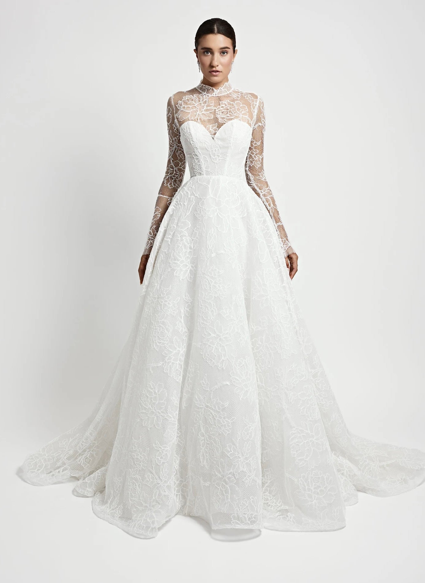 Elegant High-Neck Long Sleeve Floral Lace Ball Gown by Jaclyn Whyte - Image 1