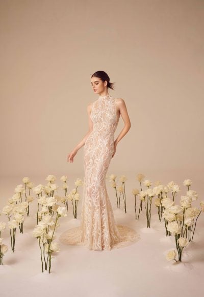 High-Neck Sequin Sheath Gown by Nicole + Felicia
