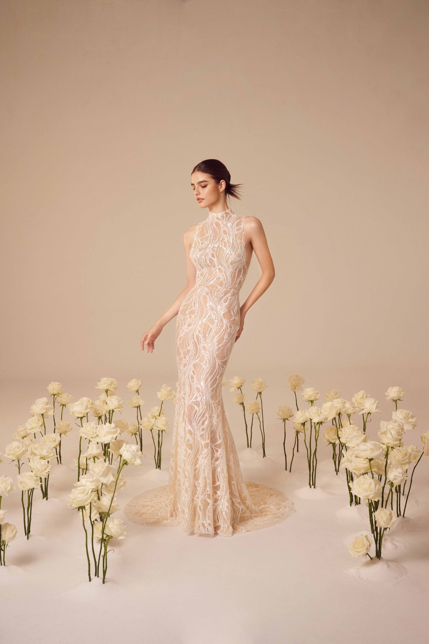 High-Neck Sequin Sheath Gown by Nicole + Felicia - Image 1