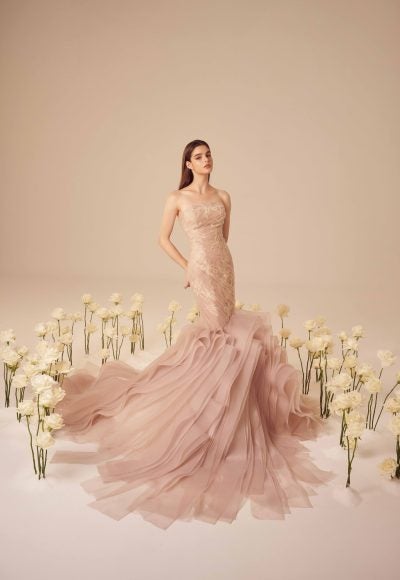 Blush Tulle And Lace-Adorned Mermaid Gown by Nicole + Felicia