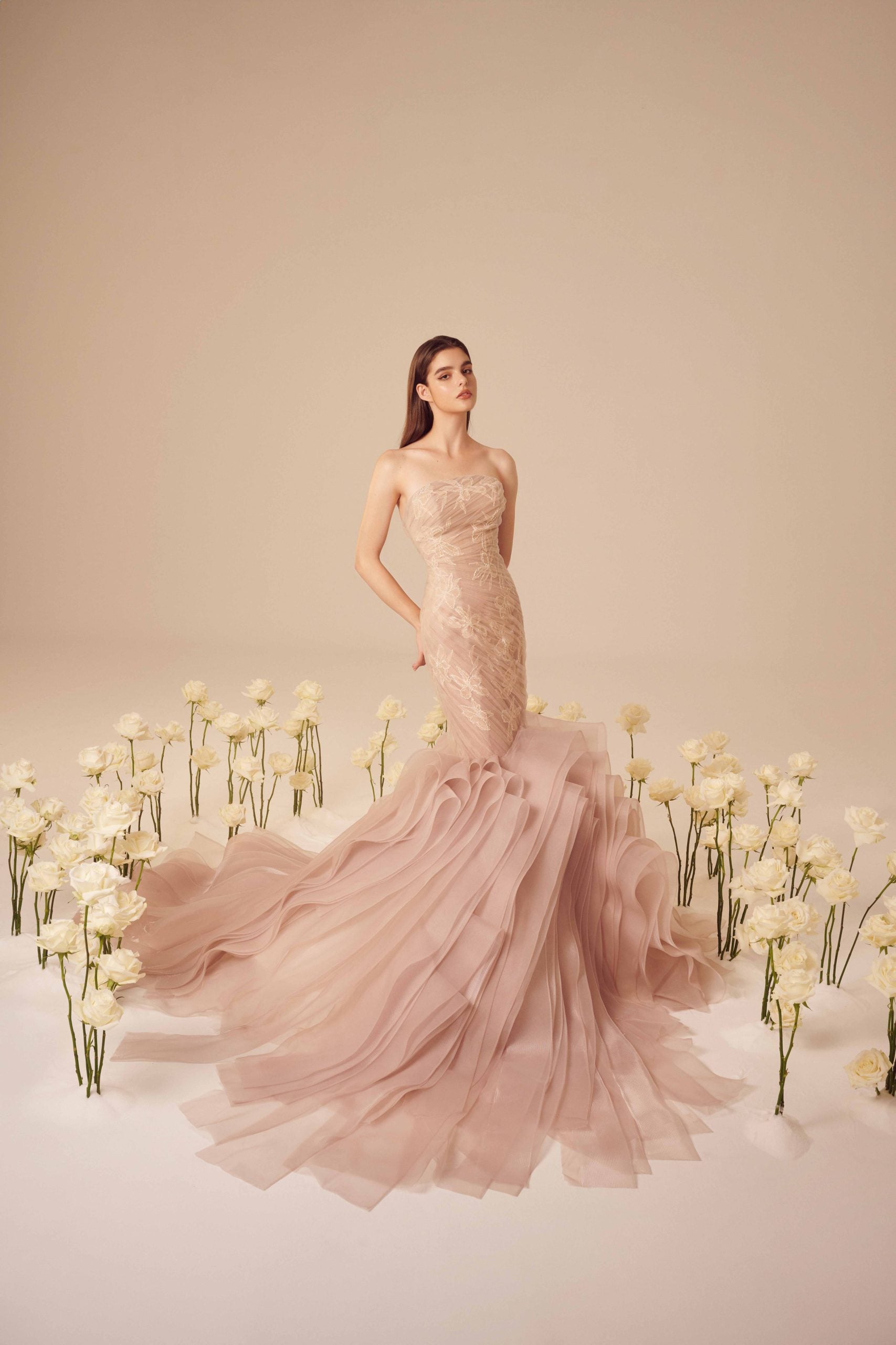 Blush Tulle And Lace-Adorned Mermaid Gown by Nicole + Felicia - Image 1