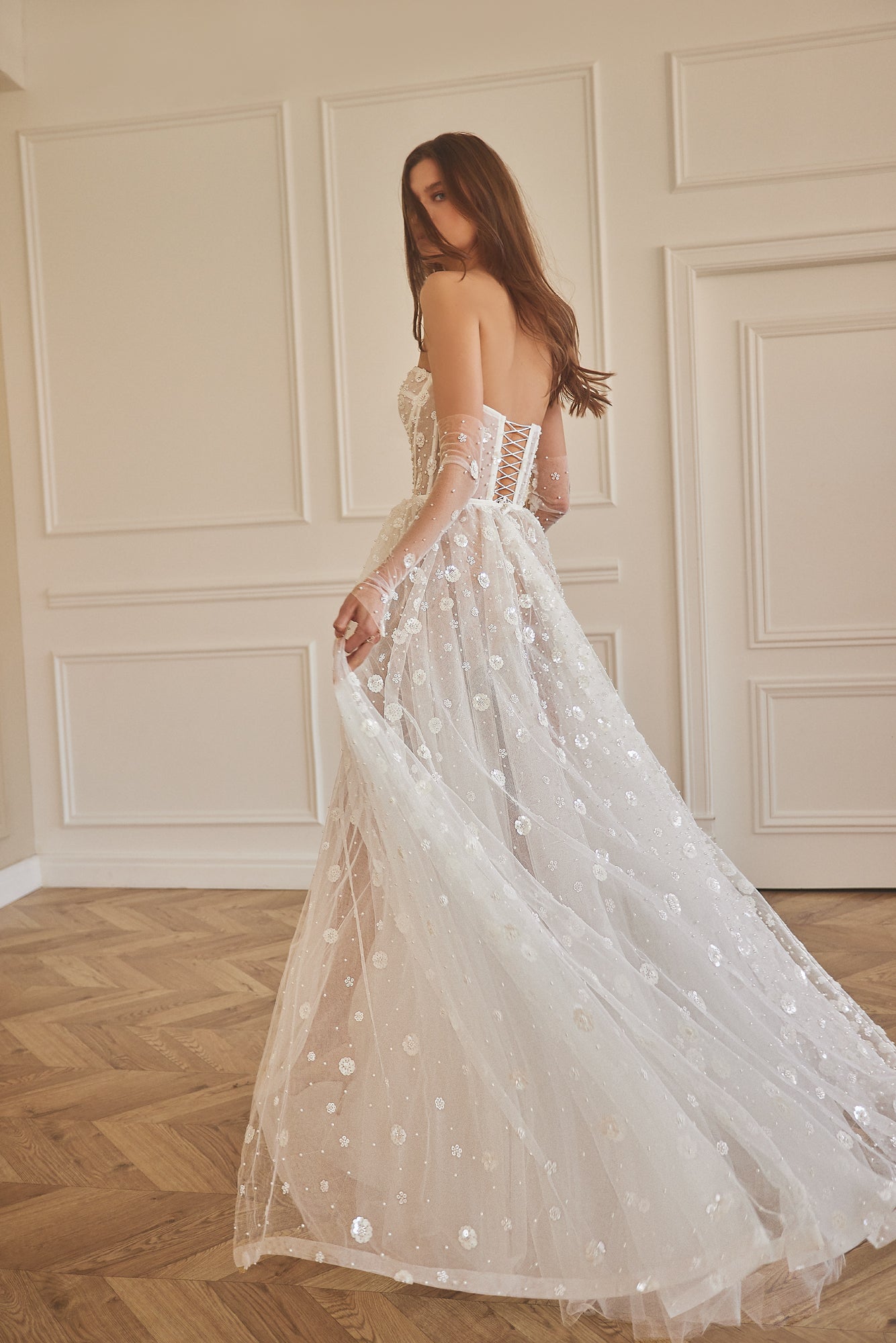 Floral And Pearl Tulle Skirt With Slit by REVEAL by Tal Kedem - Image 2