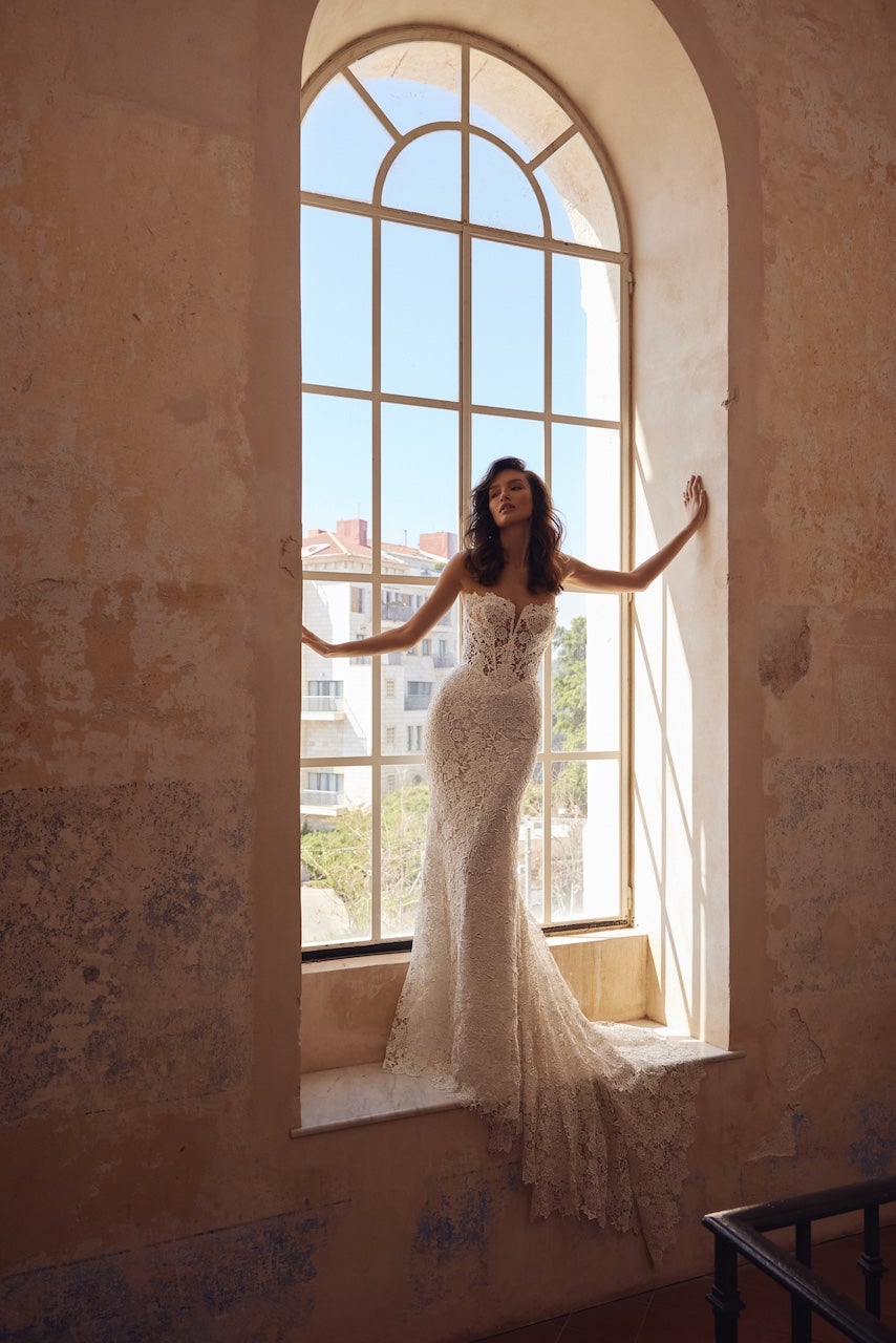 Strapless Lace Sheath Wedding Gown by Love by Pnina Tornai - Image 1