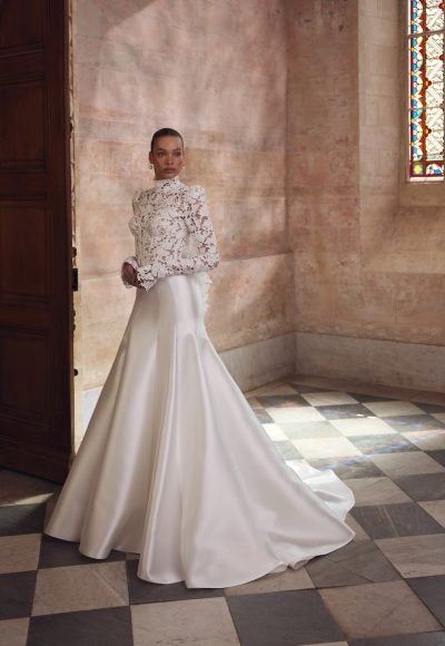 High-Neck Long Sleeve Fit-and-Flare Wedding Dress by Love by Pnina Tornai