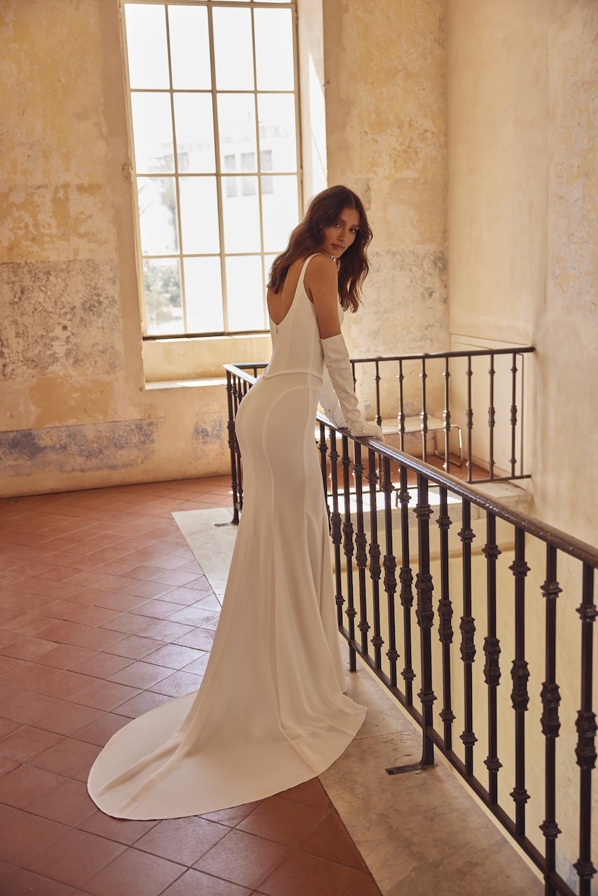 Simple Crepe Sheath Wedding Dress by Love by Pnina Tornai - Image 2