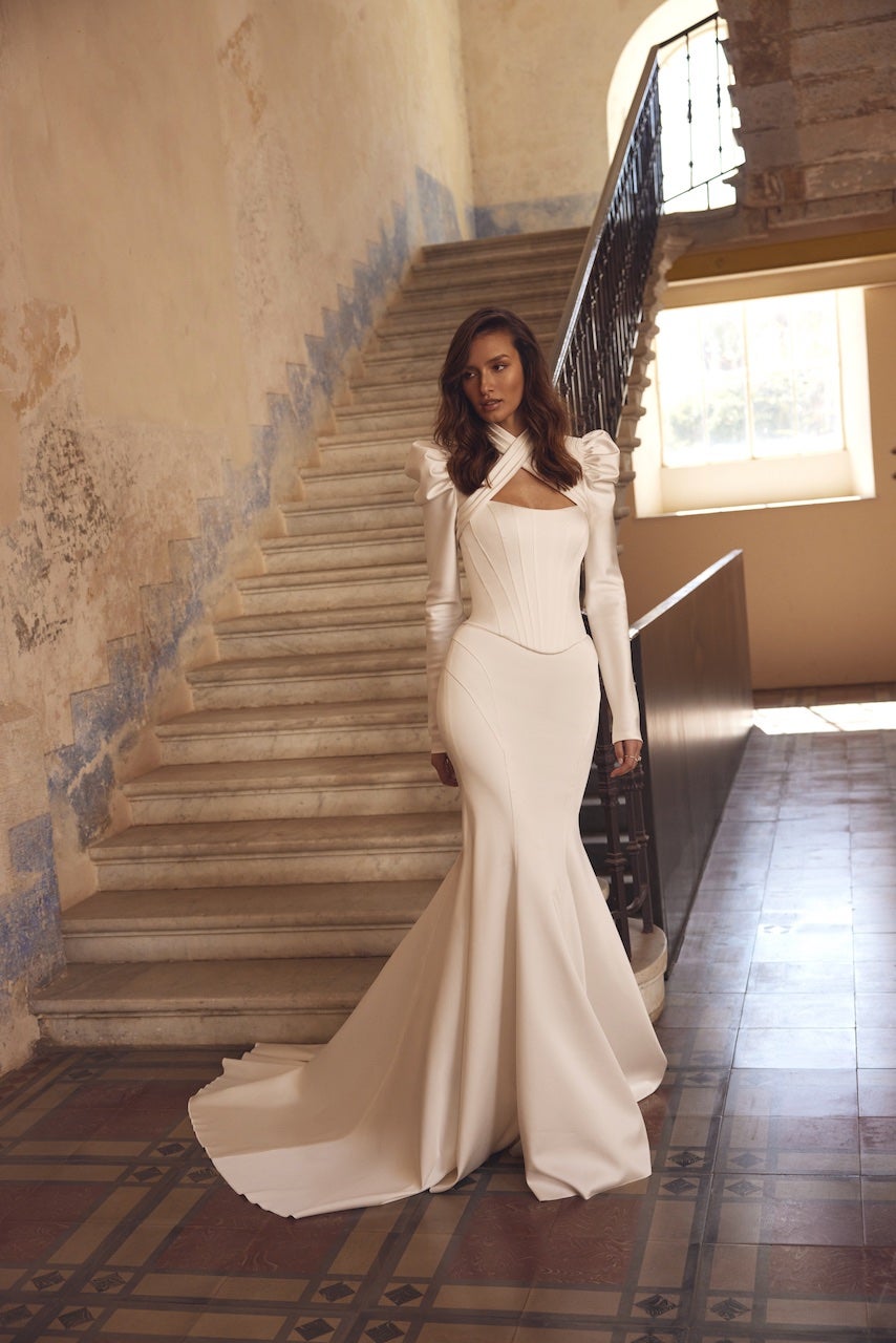 Satin Fit-and-Flare Wedding Dress With Detachable Bolero by Love by Pnina Tornai - Image 1