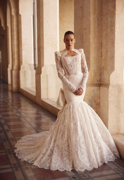 Lace Mermaid Wedding Dress With Detachable Gloves And Bolero by Love by Pnina Tornai