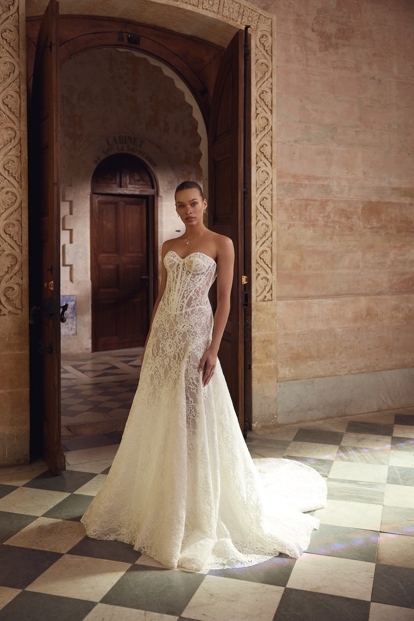 Dropped-Waist Lace A-Line Wedding Dress by Love by Pnina Tornai - Image 1