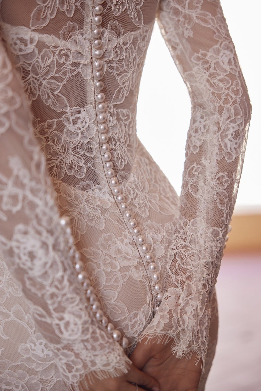 Long Sleeve Lace Sheath Wedding Dress With Pearl Buttons by Love by Pnina Tornai - Image 2