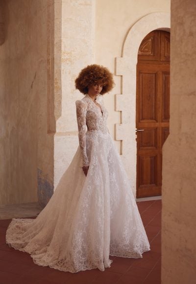 Long Sleeve Lace A-Line Gown With Open Back by Love by Pnina Tornai