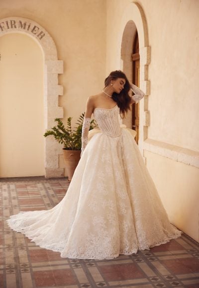 Strapless Lace Ball Gown With Pearls And Bow by Love by Pnina Tornai