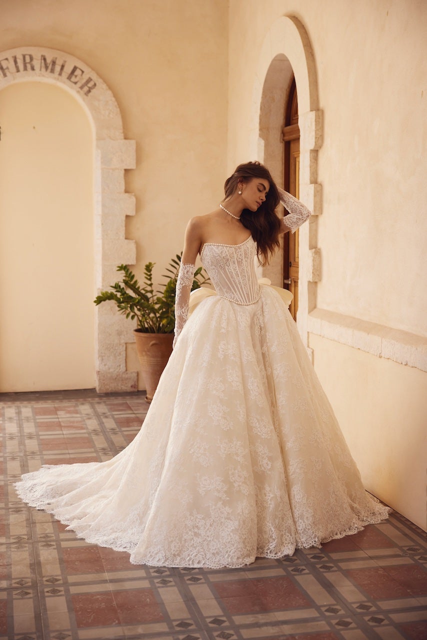 Strapless Lace Ball Gown With Pearls And Bow by Love by Pnina Tornai - Image 1