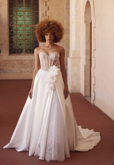 Lace And Satin A-Line Wedding Dress With Sheer Corset Bodice by Love by Pnina Tornai