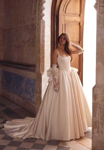 Timeless Basque Waist Satin Ball Gown With Bow by Love by Pnina Tornai