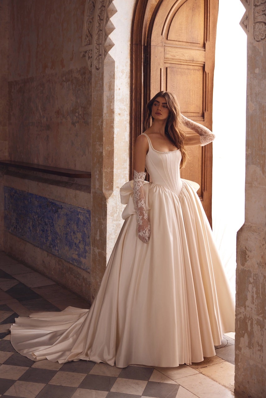 Timeless Basque Waist Satin Ball Gown With Bow by Love by Pnina Tornai - Image 1