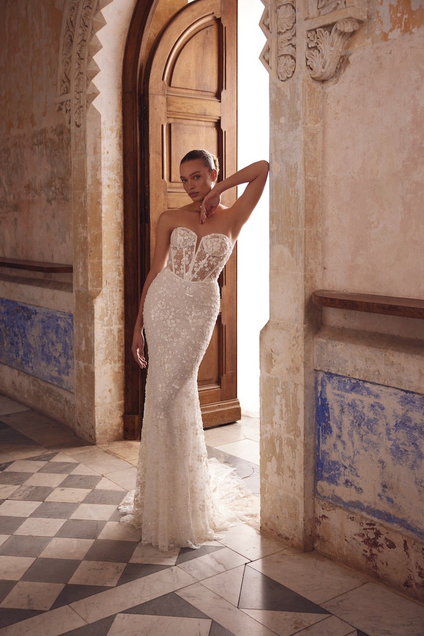 Strapless Lace Sheath Gown by Love by Pnina Tornai - Image 1