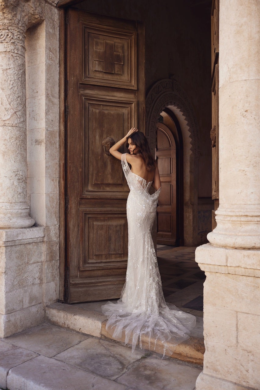 Lace Sheath Gown With Detachable Shawl by Love by Pnina Tornai - Image 2