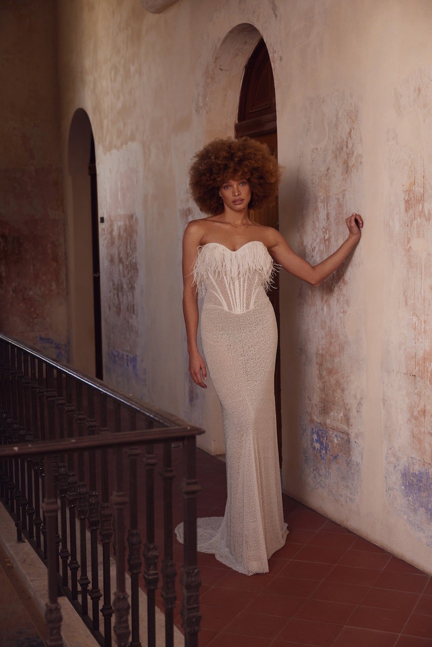 Pearl-Embellished Sheath Gown With Feather Neckline by Love by Pnina Tornai - Image 1