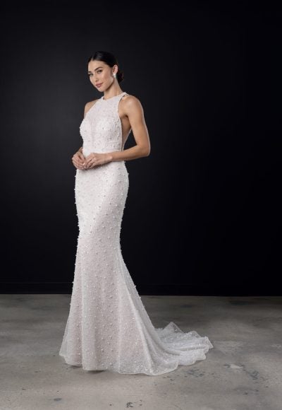 Chic High-Neck Beaded Fit-and-Flare Wedding Dress With Open Back by Martina Liana