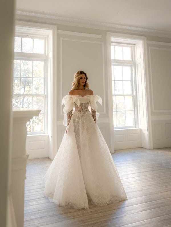 Romantic Off-The-Shoulder Long Sleeve Lace A-Line Dress With Bows by Pnina Tornai - Image 1