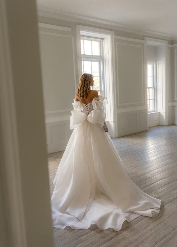 Romantic Off-The-Shoulder Long Sleeve Lace A-Line Dress With Bows by Pnina Tornai - Image 4